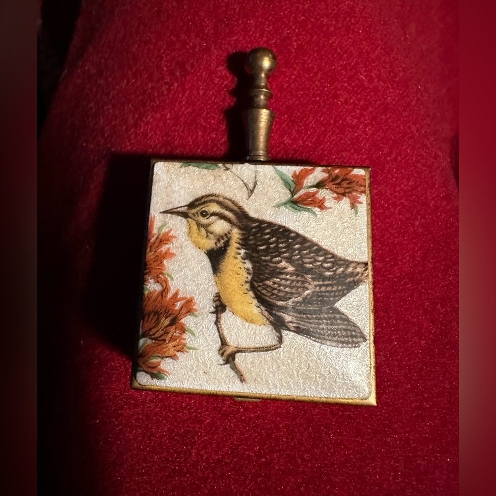Vintage ladies ashtray purse size very unique travel . Bird print porcelain top.